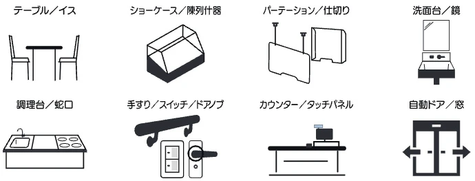 テーブル/イス、ショーケース/陳列什器、パーテーション/仕切り、洗面台/鏡、調理台/蛇口、手すり/スイッチ/ドアノブ、カウンター/タッチパネル、自動ドア/窓
